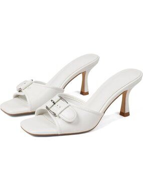 Women's White Buckle Strap Kitten Sandal Comfortable Summer Mules Leather Heels